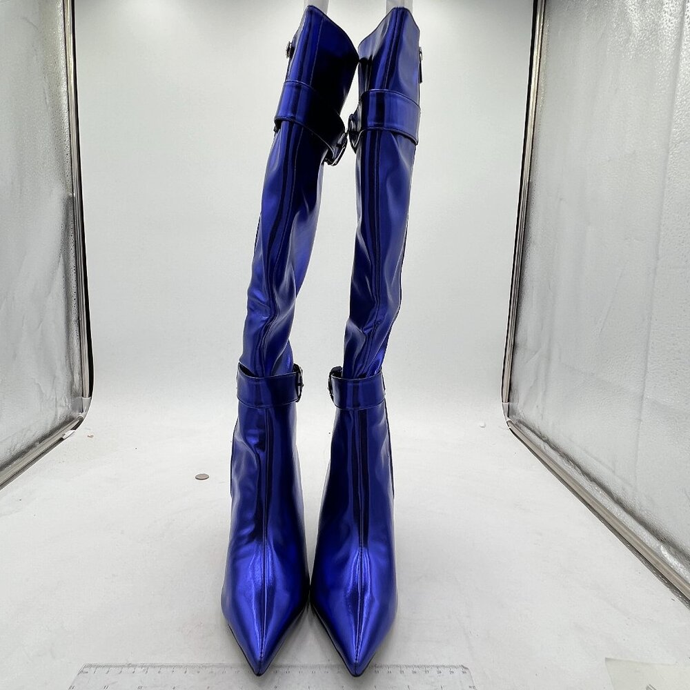 Blue Women Pointed Toe Over The Knee Boot High Heel Thigh Long Boot with Buckle
